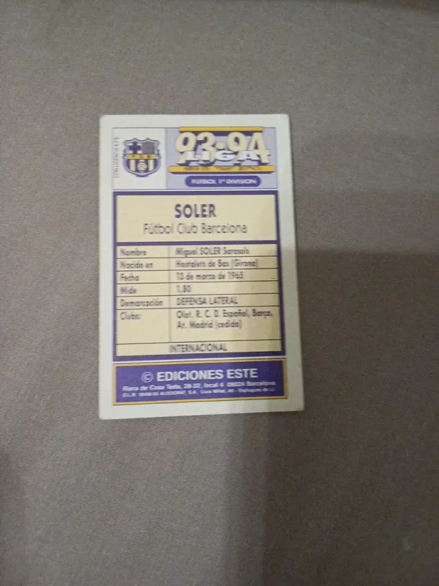Cromo Soler Liga Este 93-94 FC Barcelona