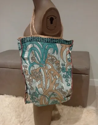 Bolsa tote rafia tela estampada retro