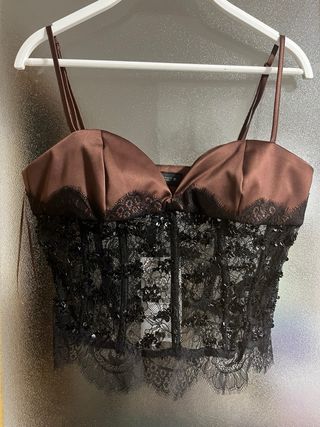 Top Corsé Zara Encaje Lentejuelas Negro
