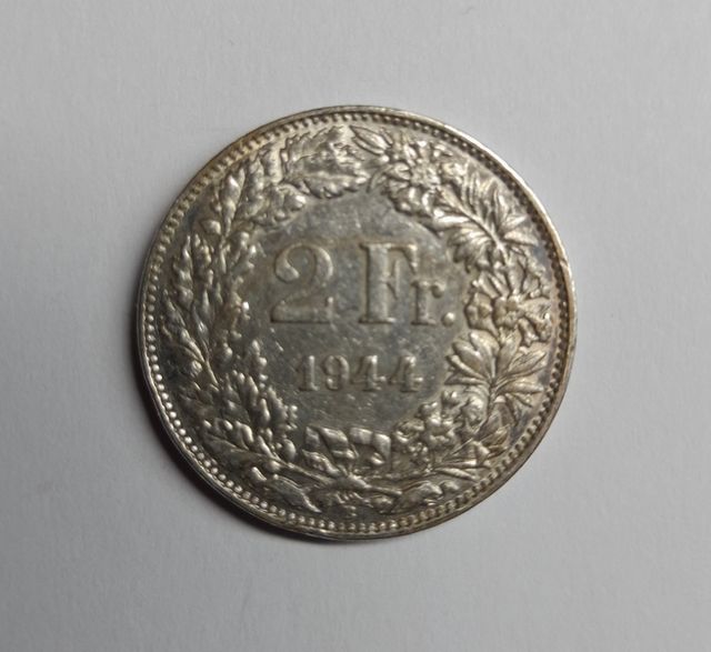 2 Franchi Svizzera 1944 Helvetia moneta argento