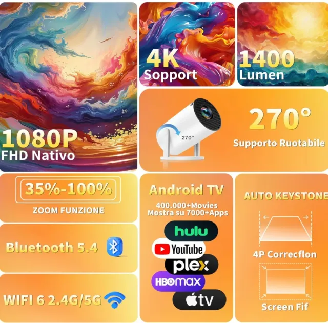 Proiettore Bianco 4K 1080P WiFi 6 Bluetooth