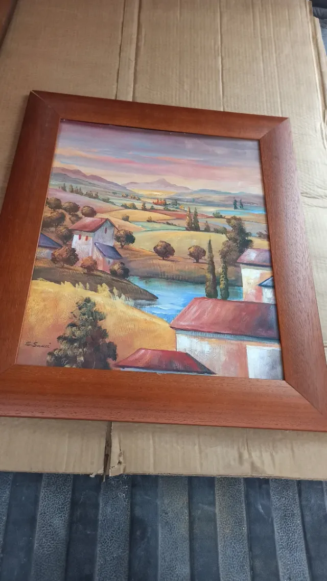 Cuadro paisaje rural con marco de madera