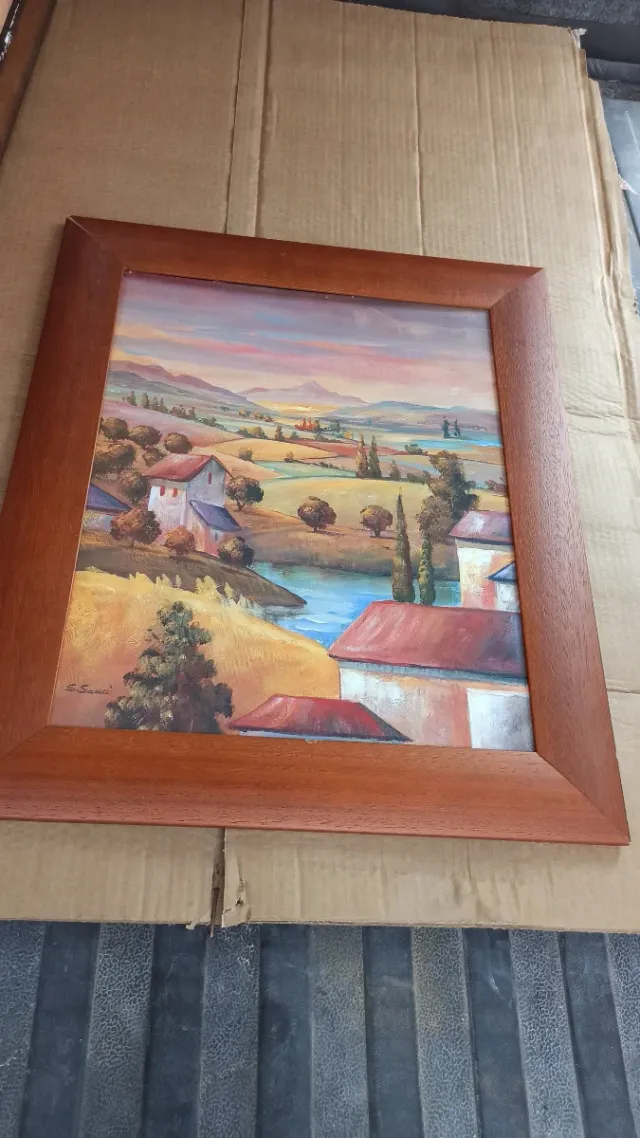 Cuadro paisaje rural con marco de madera