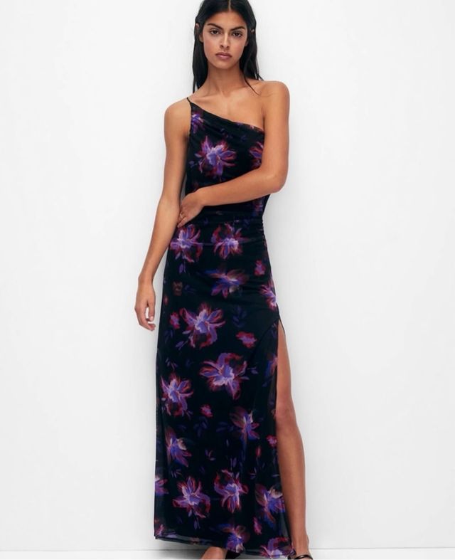 Vestido largo floral asimétrico