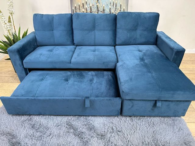 Sofá cama 216cm azul terciopelo