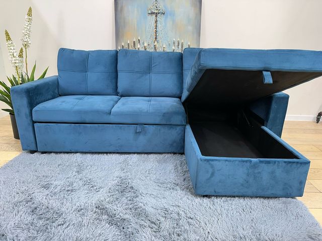Sofá cama 216cm azul terciopelo