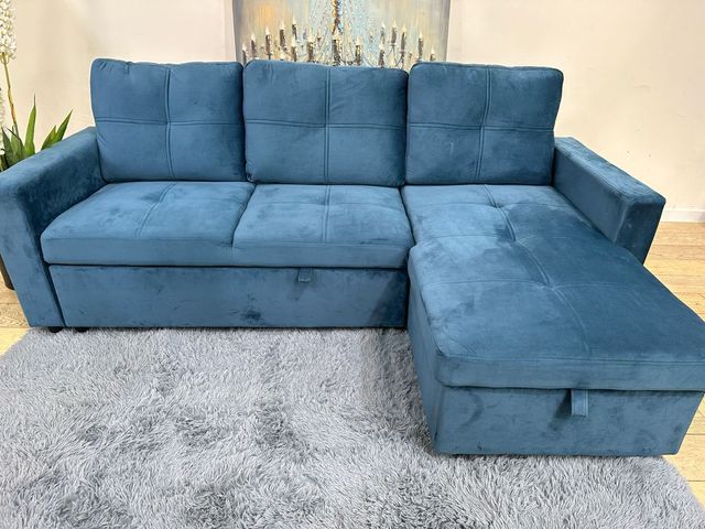 Sofá cama 216cm azul terciopelo