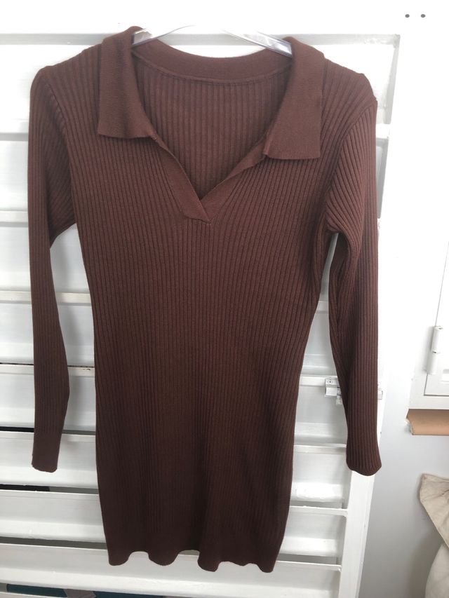 Vestido de punto marrón manga larga
