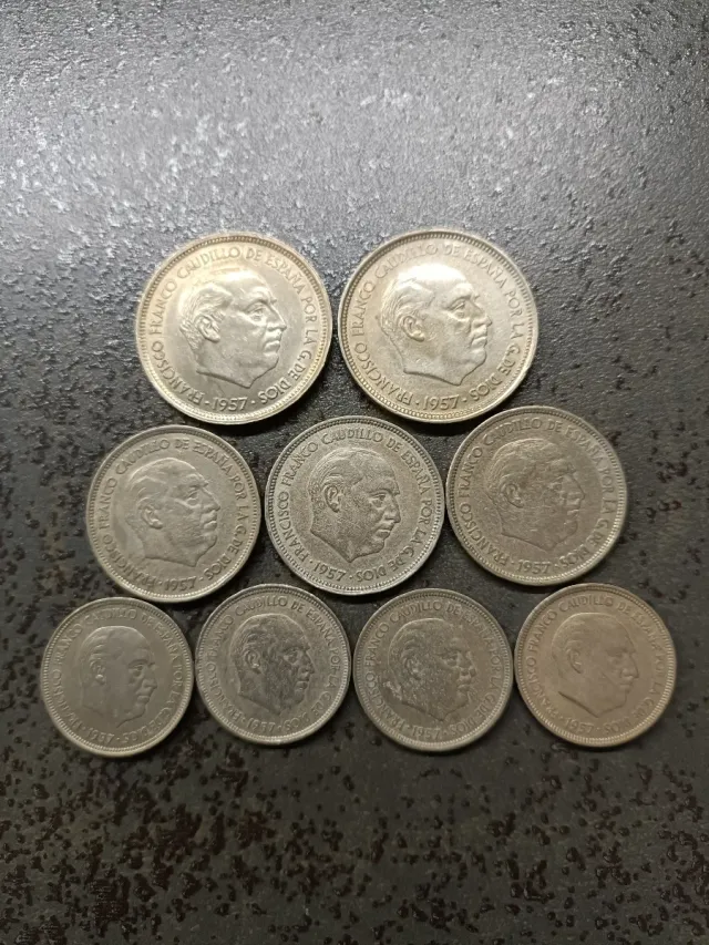 9 Monedas Franco 50, 25 y 5 Pesetas 1957
