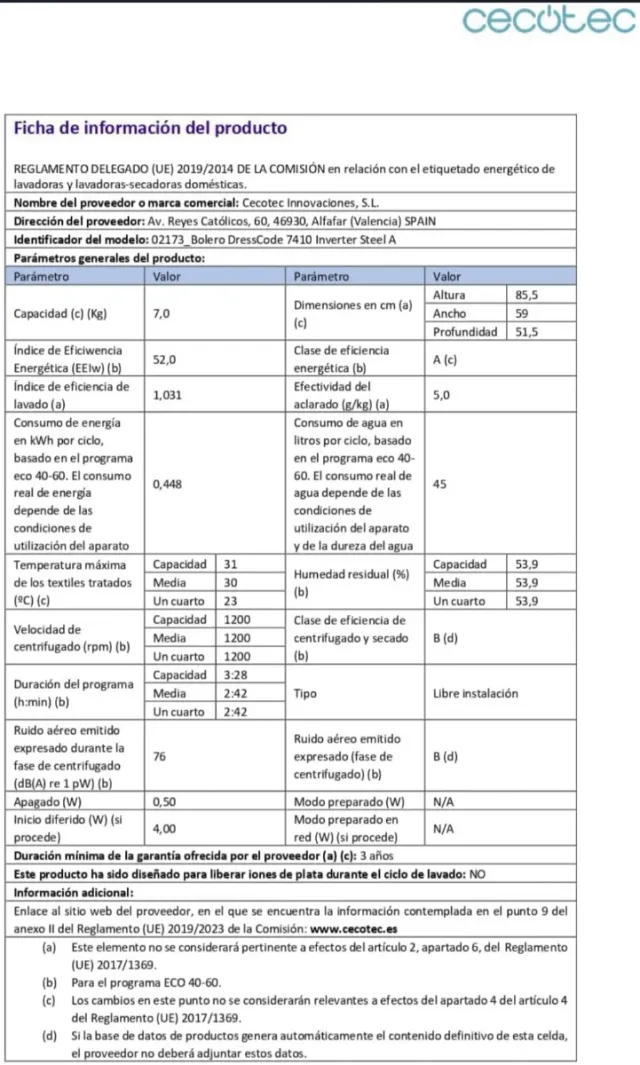 Lavadora Cecotec Bolero 7410 7kg