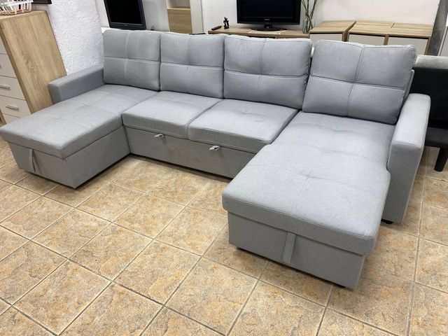Sofá Cama Gris 4 Plazas Chaise Longue