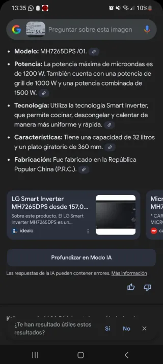 Microondas LG MH7265DPS con aire caliente