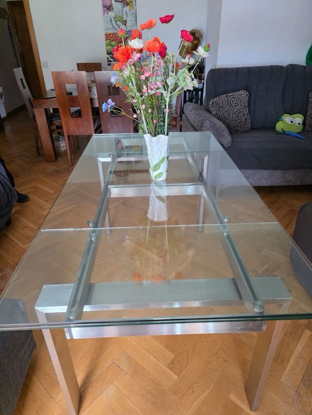 Mesa comedor extensible cristal y acero inox