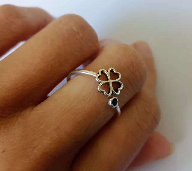 Anillo plata trébol buena suerte circonita verde