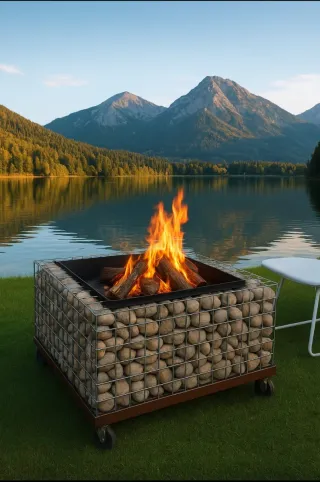 Stufa fatta a mano in pietra di fiume e acciaio 77 cm x 77 x 55