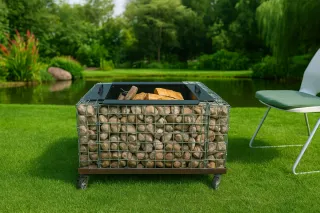 Stufa fatta a mano in pietra di fiume e acciaio 77 cm x 77 x 55