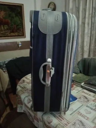 Maleta grande azul y plateada.