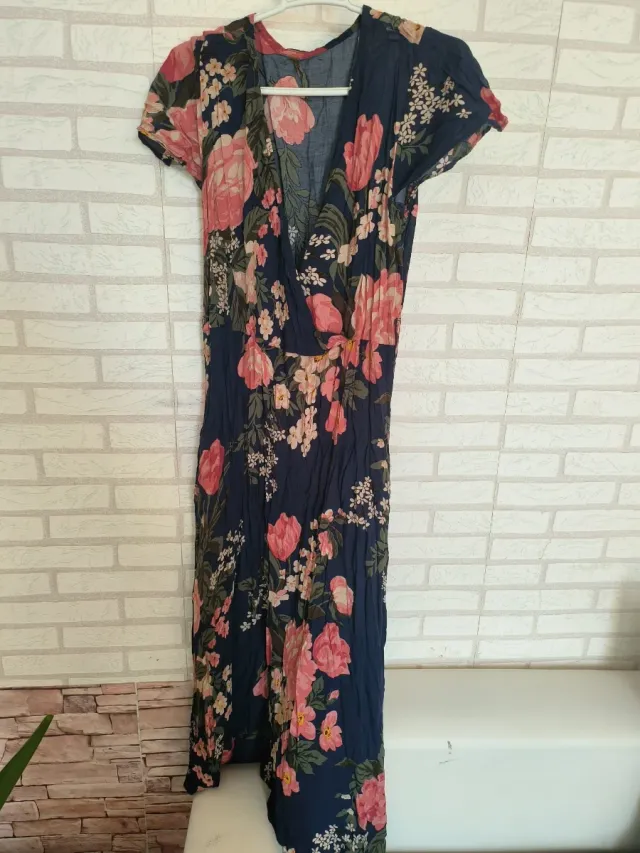 Vestido largo floral verde y rosa