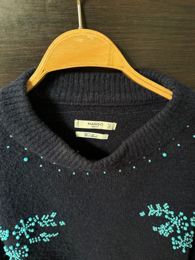 Jersey de Lana Azul con Perlas