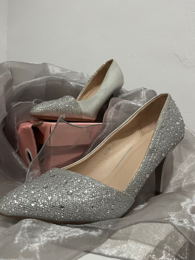 Zapatos de tacón plateados para mujer talla 38