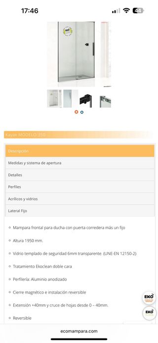 Mampara Ducha Kayak Eko 350  Negro Mate