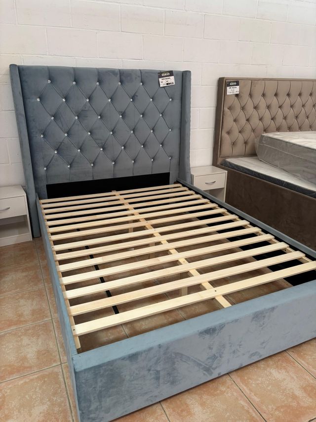 Cama Matrimonial Azul Terciopelo 150cm