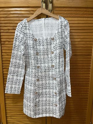 Vestido tweed elegante blanco y negro
