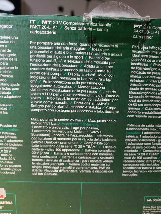 Compressore Parkside 20V ricaricabile