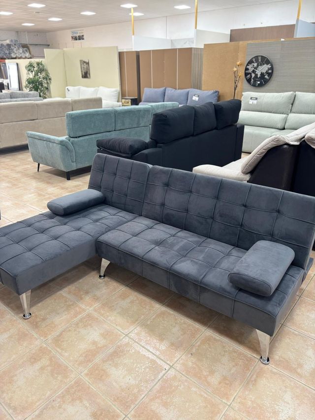 Sofá Cama Chaiselongue Gris Terciopelo