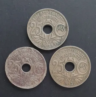 Francia 3 monedas 25 céntimos 1922-1931