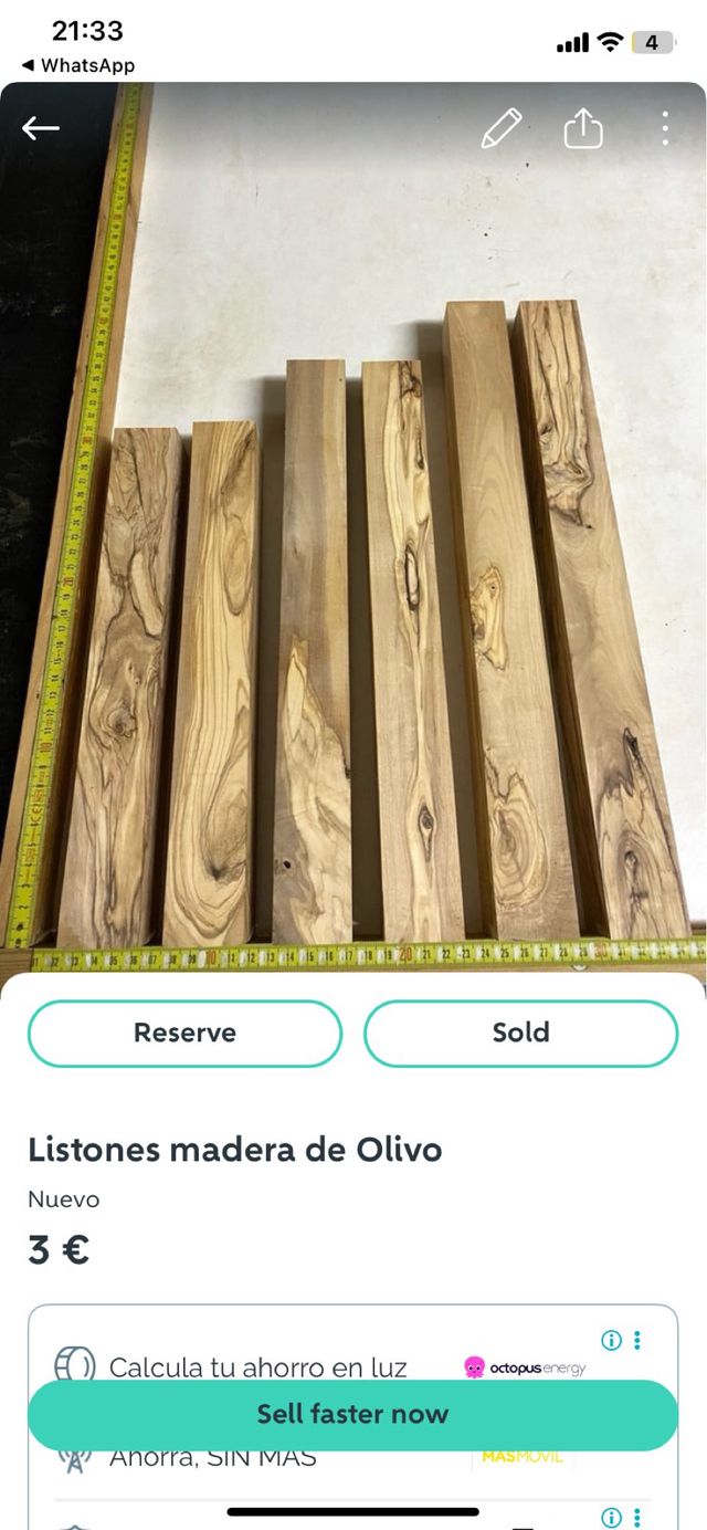 4 Listones Madera Olivo 40x4x4 cm