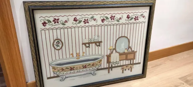 Cuadro Punto Cruz Baño Vintage Marco Madera