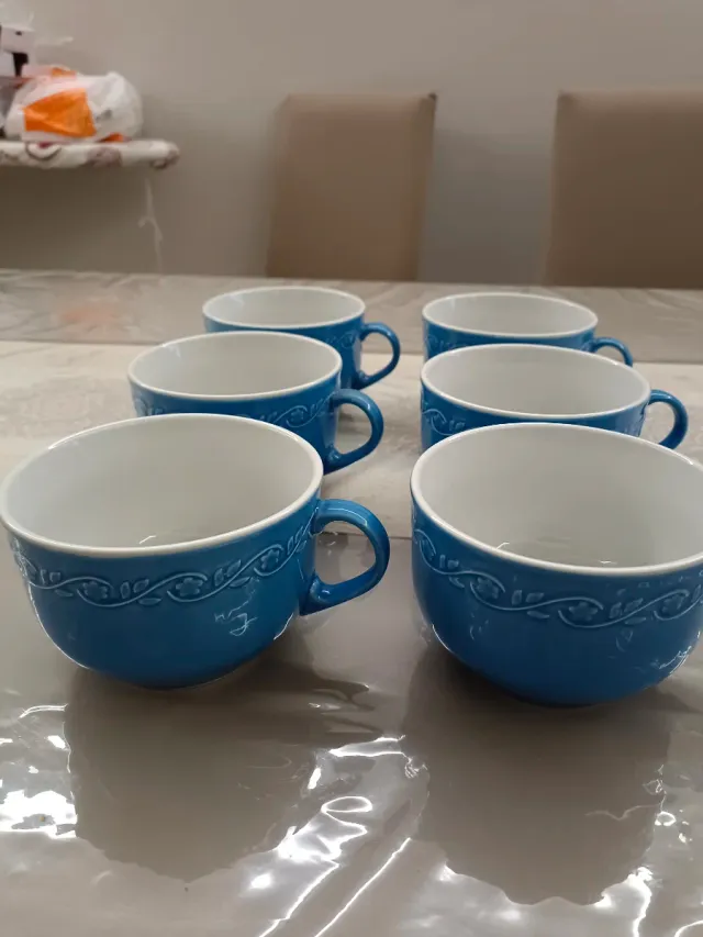 6Tazze da latte blu e bianche in porcellana