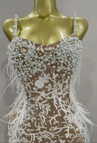 Vestido de fiesta perlas y plumas