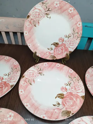 6 Platos Llanos Porcelana Francesa Rosas