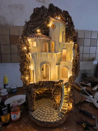 Presepe artigianale in sughero con luci