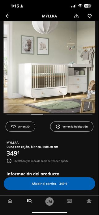 Cuna colecho convertible Ikea MYLLRA