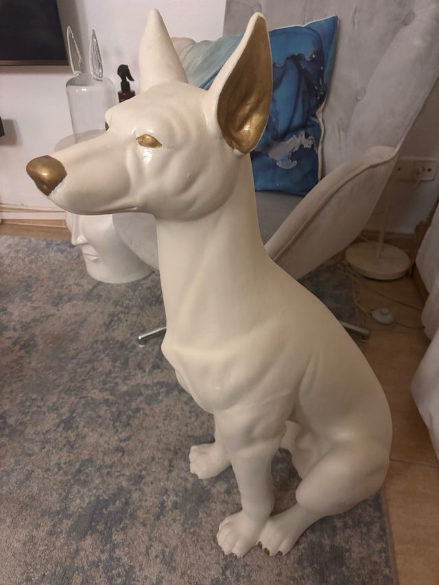 Figura decorativa Perro Cerámica Blanco y Dorado