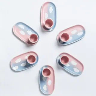 Set 6 tazzine e piattini nuvole rosa azzurro