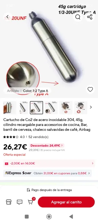 Cartucho CO2 45g 1/2-20UNF