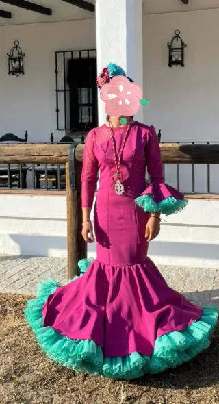 Traje de flamenca niña rosa y turquesa