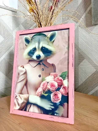 Ragazza procione Cuadro rosa che indossa un abito a fiori rosa