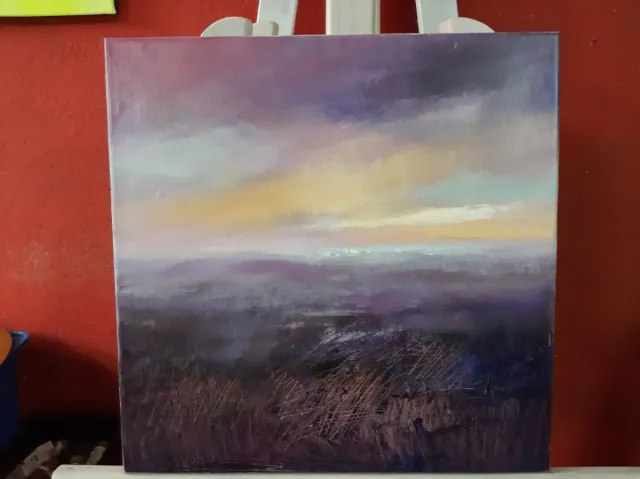 Pintura paisaje oleo púrpura y amarillo