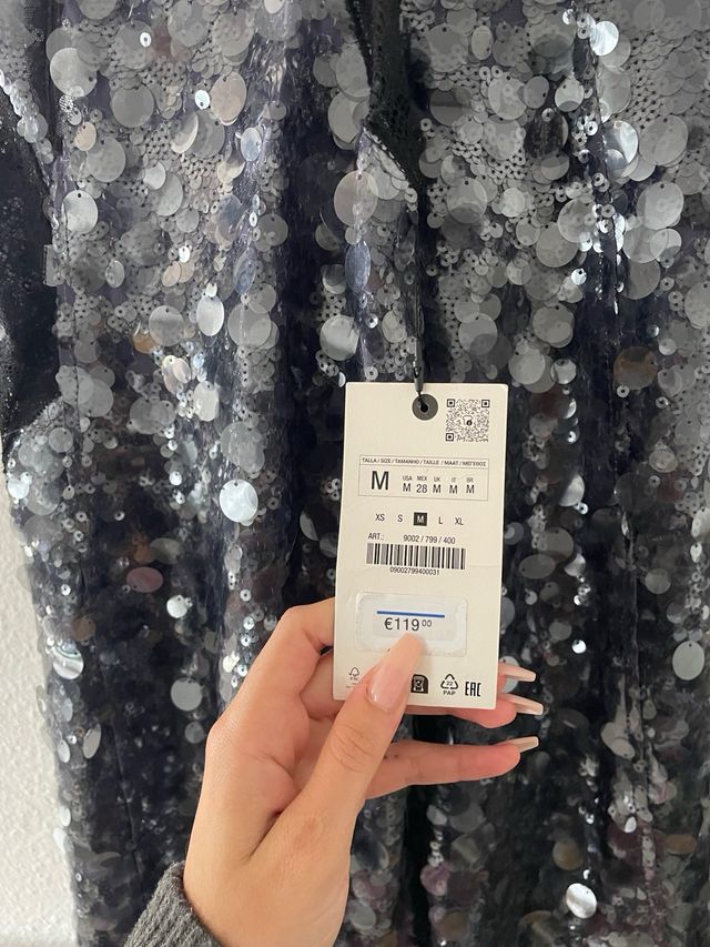 Vestido Zara lentejuelas midi negro/plateado/gris
