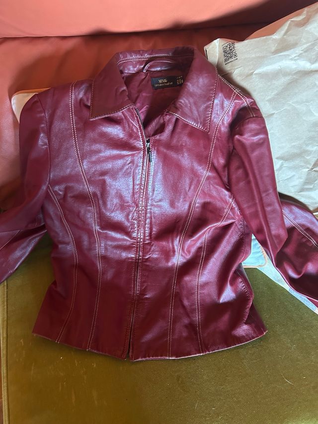 Cazadora Piel Mango Roja Granate