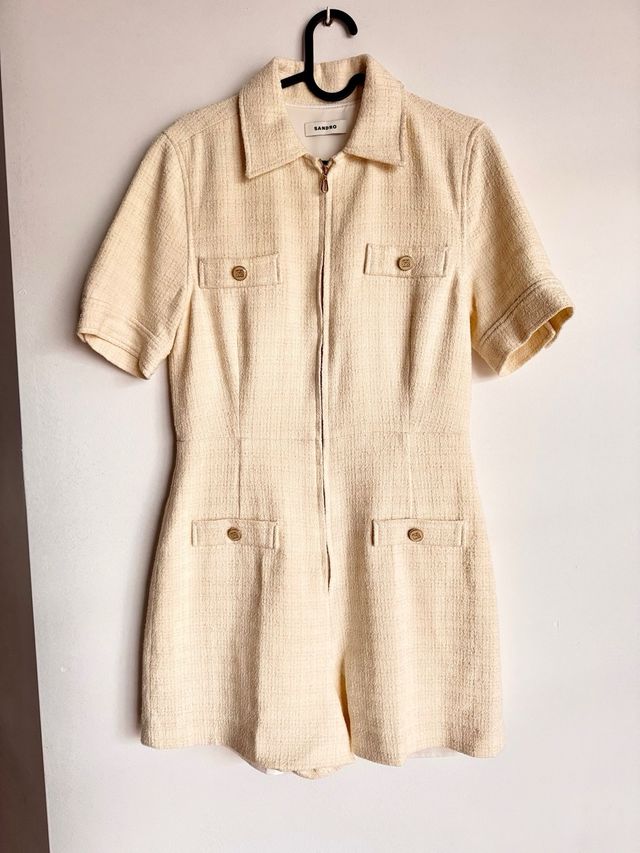 Mono Sandro Beige Tweed Cremallera Bolsillos