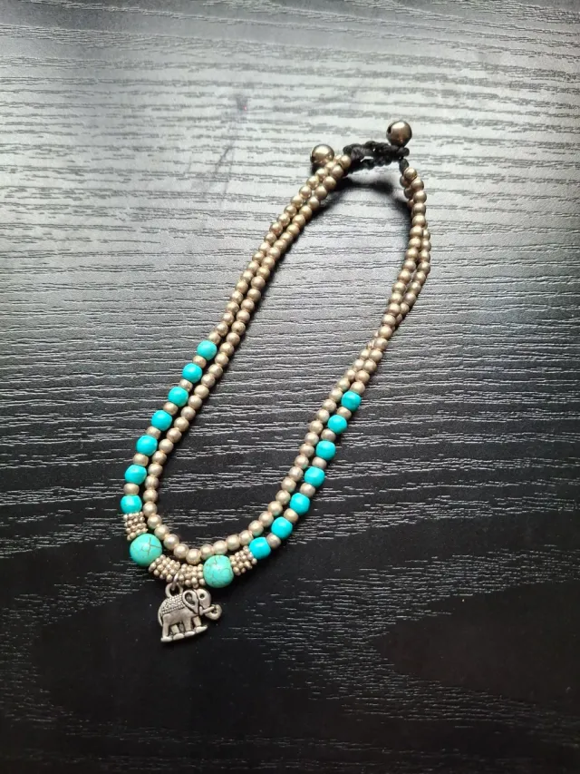 Tobillera Boho Elefante Plata Turquesa