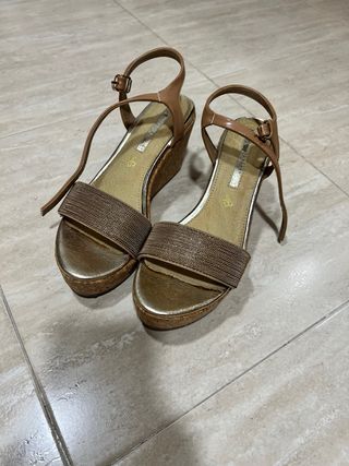 Sandalias cuña mujer marrón y dorado talla 39