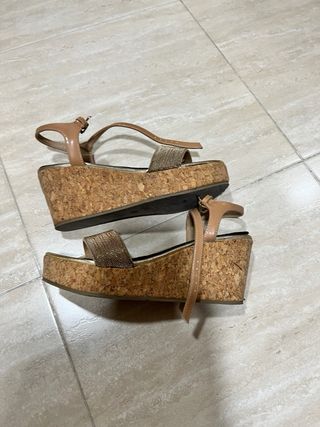 Sandalias cuña mujer marrón y dorado talla 39