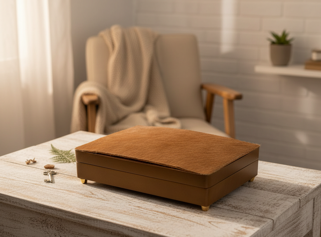 Pequena caixa de madeira e couro